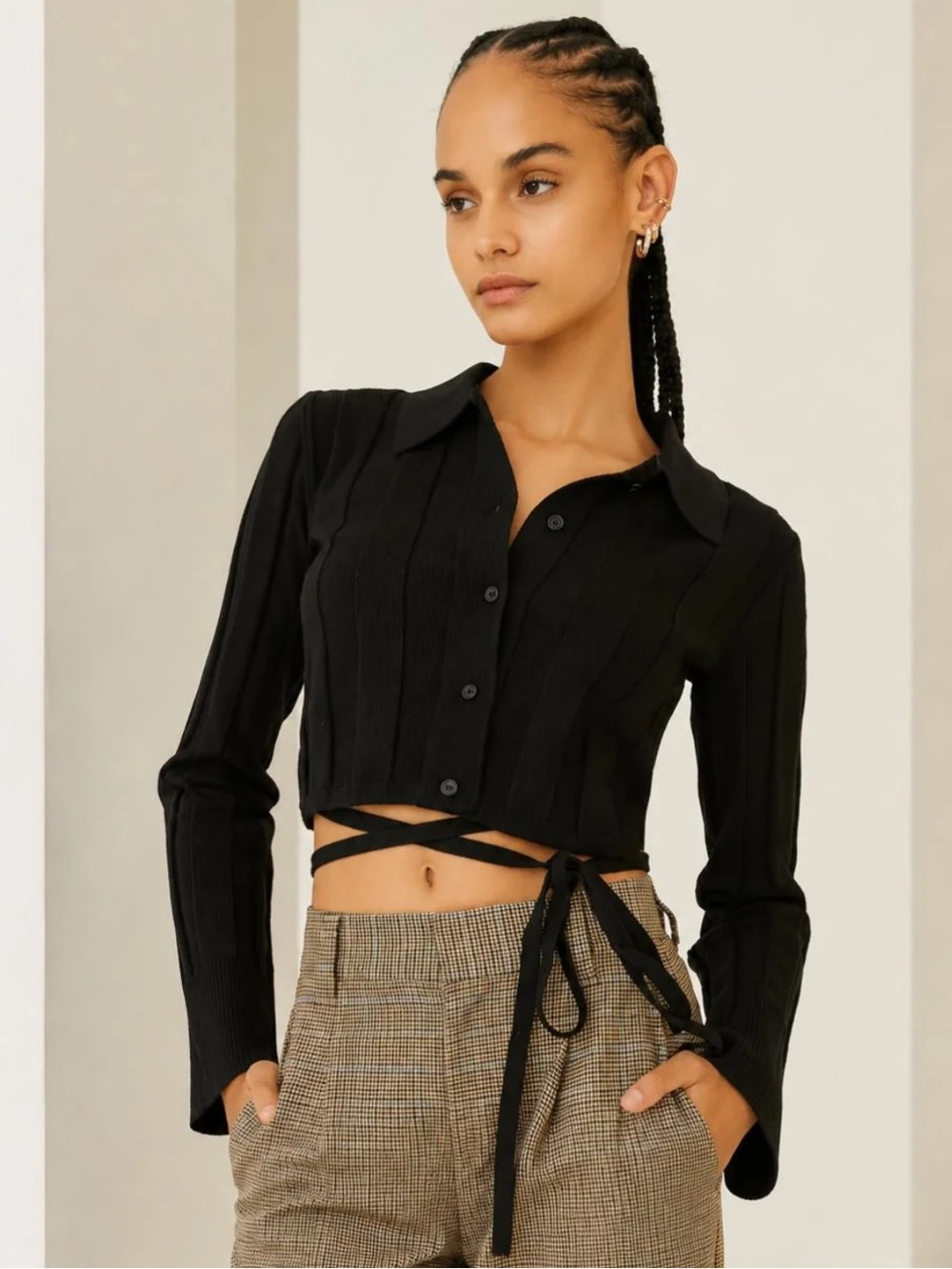 Something Navy Waist Tie Button Up Cardigan Sweater Black Small NWT!!